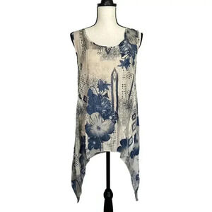 Bella Amore Italy Tunic Top Blue Beige Floral Hankie Hem Viscose Lagenlook Sz S